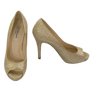 L.K. Bennett gold glitter platform peep toe high heel leather pumps size EU 35.5